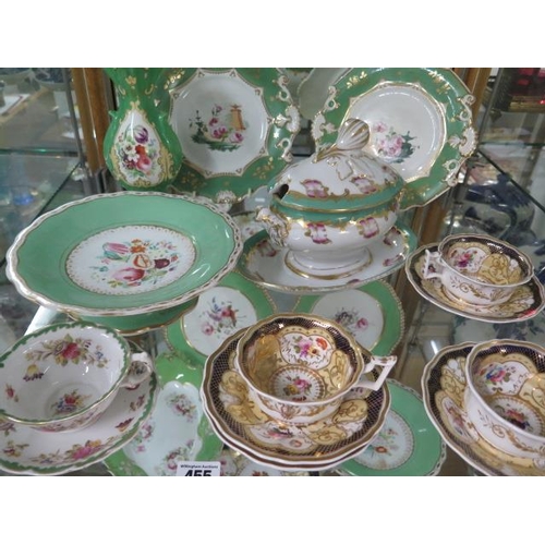 455 - A collection of 19th century ceramic tableware, all hand decorated, 16 pieces with a spare saucer, v... 