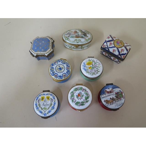 456 - Five Crummles and Co enamel patch pots and three porcelain pots, all good apart from a chip to one e... 