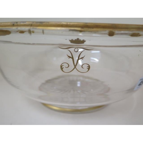 459 - A late 19th century glass bowl with gilt cypher and rim, 39.5cm diameter, 14.5cm high, large chip to... 