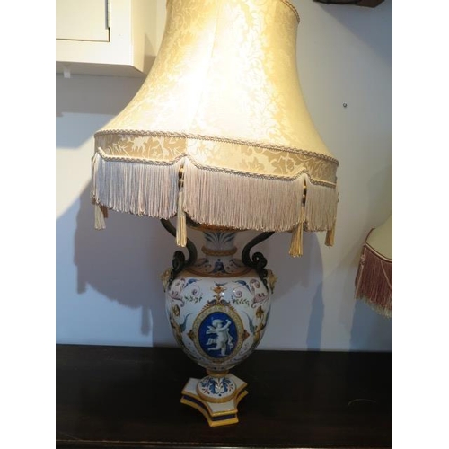 511 - A Cantagali twin handled porcelain vase, adapted as a table lamp, with moulded snake form,handles fl... 