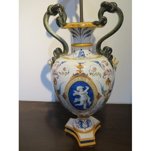 511 - A Cantagali twin handled porcelain vase, adapted as a table lamp, with moulded snake form,handles fl... 