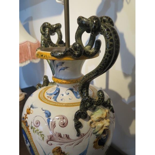 511 - A Cantagali twin handled porcelain vase, adapted as a table lamp, with moulded snake form,handles fl... 