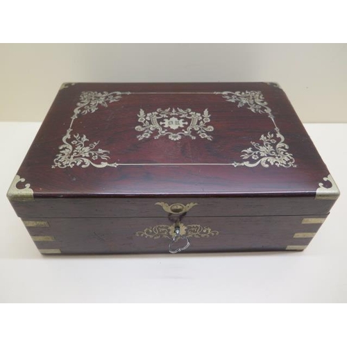 526 - A Victorian rosewood white metal inlaid jewellery box, 10cm x 29cm x 20cm, lock not working general ... 