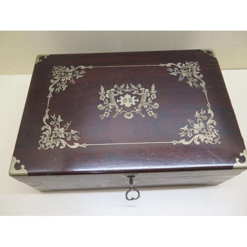 526 - A Victorian rosewood white metal inlaid jewellery box, 10cm x 29cm x 20cm, lock not working general ... 