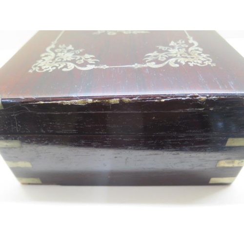 526 - A Victorian rosewood white metal inlaid jewellery box, 10cm x 29cm x 20cm, lock not working general ... 