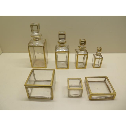 528 - A good early 1900's gilt edged set of 4 graduating glass scent bottles and three dishes, 2 with tops... 