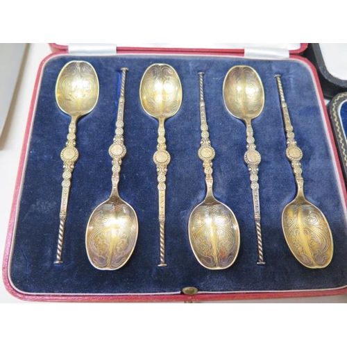 608 - A set of six silver gilt King George VI coronation spoons together with silver handled fruit knives ... 