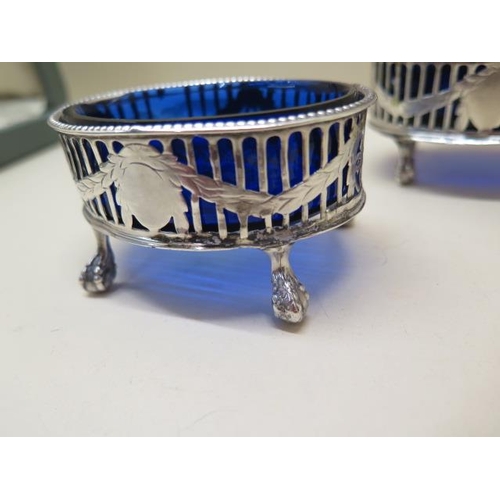 615 - Pair of very early Sheffield silver salt cellars, 1776, Richard Morton and Company with old blue lin... 