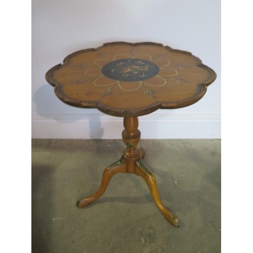 62 - A  decorated satinwood wine table by Druce and Co, 53cm tall x 43cm wide, with losses but a decorati... 