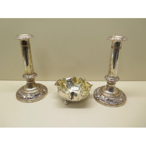 621 - A pair of heavy, interior design silver on copper candlesticks, 20cm tall, plus a leaf decorated mod... 