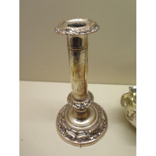 621 - A pair of heavy, interior design silver on copper candlesticks, 20cm tall, plus a leaf decorated mod... 