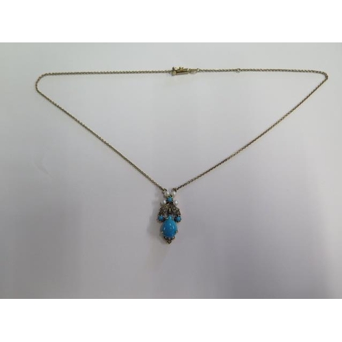 717 - A hallmarked 9ct yellow gold turquoise, diamond and pearl necklace, 46cm long, approx 6.4 grams in g... 