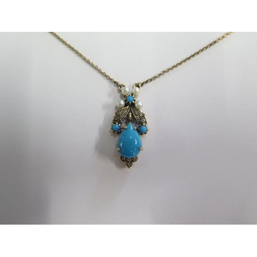 717 - A hallmarked 9ct yellow gold turquoise, diamond and pearl necklace, 46cm long, approx 6.4 grams in g... 