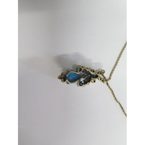 717 - A hallmarked 9ct yellow gold turquoise, diamond and pearl necklace, 46cm long, approx 6.4 grams in g... 