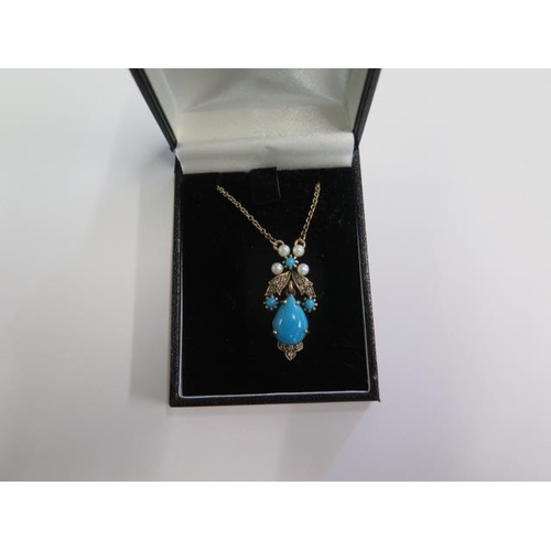 717 - A hallmarked 9ct yellow gold turquoise, diamond and pearl necklace, 46cm long, approx 6.4 grams in g... 