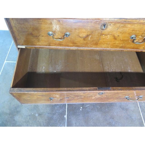 72 - A George 1st walnut chest on chest with three small drawers, over a  brushing slide and three furthe... 