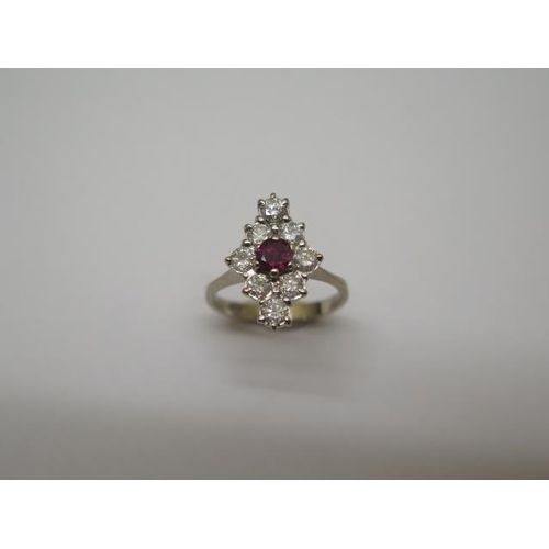 749 - A vintage 18ct white gold marquise shape diamond and ruby ring, approx 0.80ct of diamonds, size K, h... 