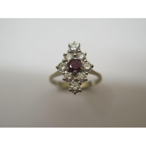 749 - A vintage 18ct white gold marquise shape diamond and ruby ring, approx 0.80ct of diamonds, size K, h... 