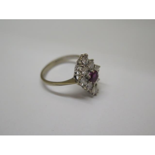 749 - A vintage 18ct white gold marquise shape diamond and ruby ring, approx 0.80ct of diamonds, size K, h... 