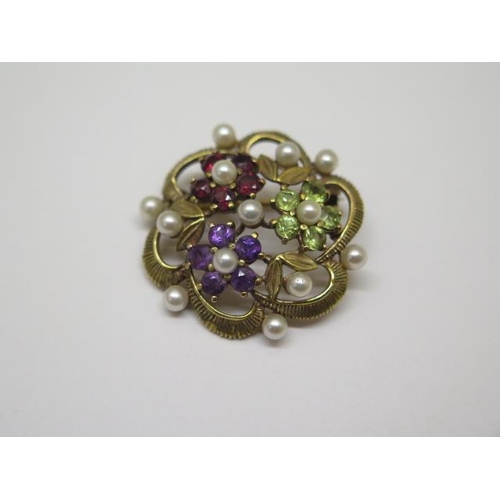 752 - A 9ct yellow gold hallmarked Georg Jensen peridot amethyst and pearl brooch, marked GJLd, 6.8 grams,... 