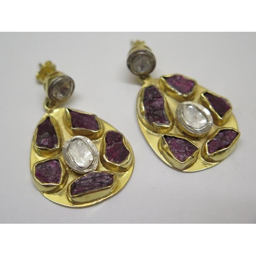 760 - A pair of rough diamond and ruby  gilt earrings, 3.5 x 2.5cm