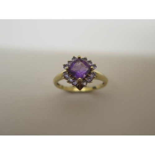 764 - A 9ct hallmarked yellow gold amethyst and tanzanite cluster ring, size R, head approx 12mm x 12mm, i... 