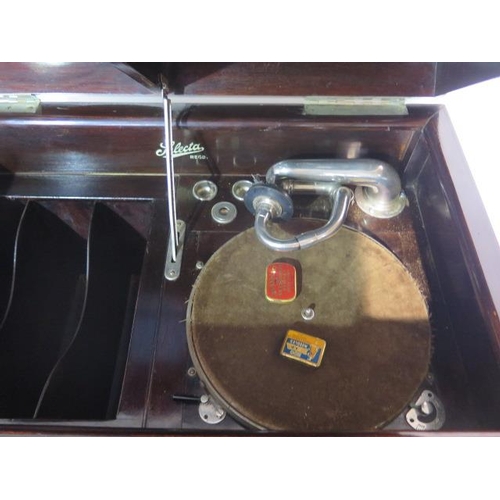 77 - A Selecta wind up parlour gramophone with a replacement decorative dog and gramaphone top- working w... 