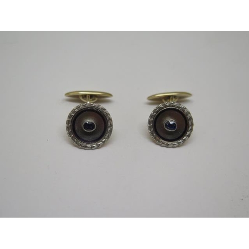 783 - A pair of Russian gold and platinum sapphire cufflinks, marked 56 for 14ct, maker IM, total weight a... 