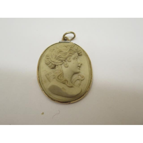 788 - A well carved lava cameo in a gold mount, 33mm x 28mm, small fault or chip to shoulder otherwise goo... 