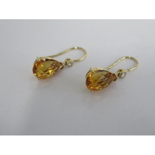 791 - A 18ct yellow gold citrine and diamond drop earrings, marked 750, and hallmarked, 15mm in length, ap... 