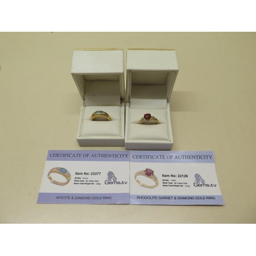 793 - Two GTV 9ct yellow gold rings, Apatite and diamond Rhodite garnet and diamond. both size N, total we... 