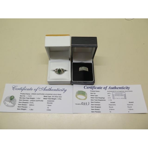 803 - Two GTV gold rings, a white gold green sapphire and diamond ring, size N approx weight 5.4 grams, an... 