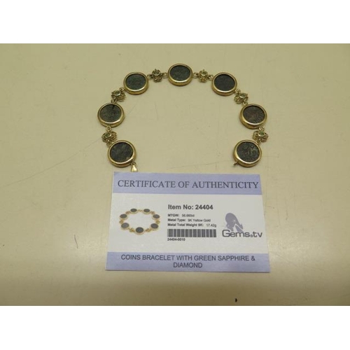 821 - A GTV coin set 9ct yellow gold green sapphire and diamond bracelet, 21cm long, gold weight 17.42 gra... 