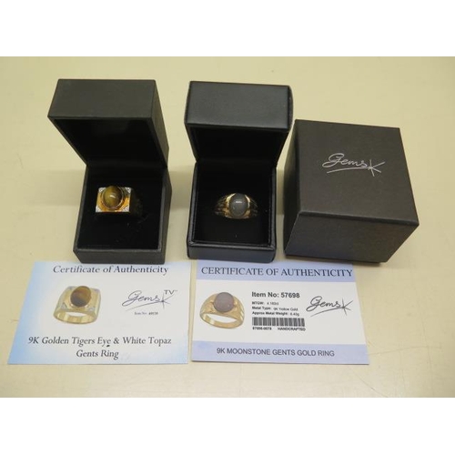 823 - A GTV 9ct yellow gold moostone gents ring, size T, and a 9ct Tigers eye and white topaz gents ring, ... 