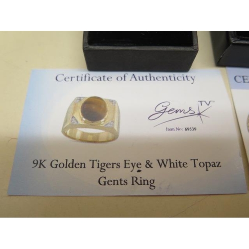 823 - A GTV 9ct yellow gold moostone gents ring, size T, and a 9ct Tigers eye and white topaz gents ring, ... 