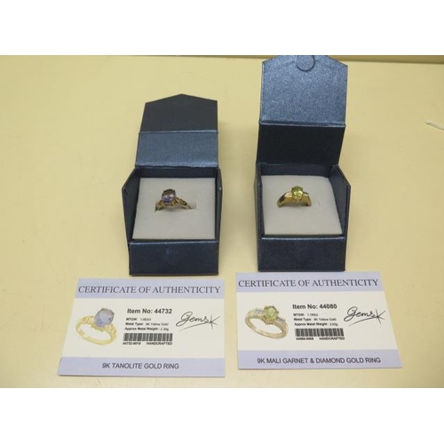 832 - Two GTV 9ct yellow gold rings, Mali garnet and diamond, and a Tanolite ring, both size N with certif... 