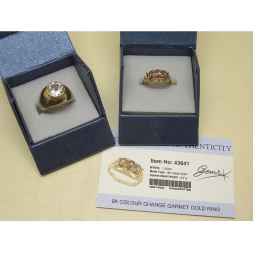 834 - Two GTV 9ct yellow gold rings, one with 3 colour change garnets with certificate, size N, the other ... 