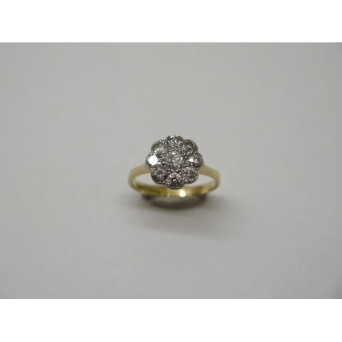 843 - An 18ct gold 9 stone diamond cluster ring, size K/L, approx 2.6 grams, head approx 10mm, diamonds br... 