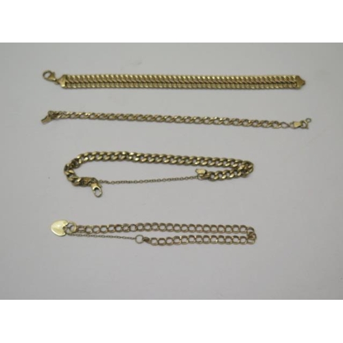 844 - Four 9ct yellow gold bracelets, one hallmarked the others marked 375, longest 19cm, all catches work... 