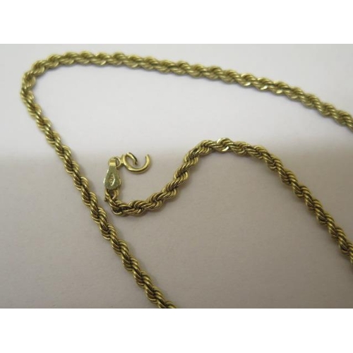 845 - Three 9ct yellow gold ropetwist necklaces and a bracelet, longest necklace 46cm, one necklace clasp ... 