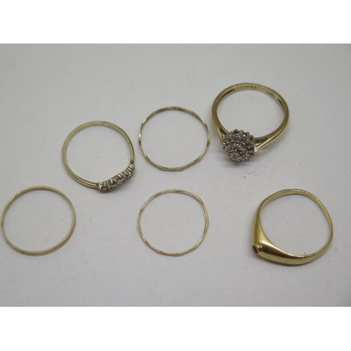 853 - Five 9ct dress rings, sizes H to K, approx 3.3 grams and a gold ring tests to approx 18ct, approx 2.... 