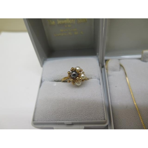 858 - A 9ct yellow gold pearl cluster ring, earring and pendant on a 40cm chain, total weight approx 9 gra... 