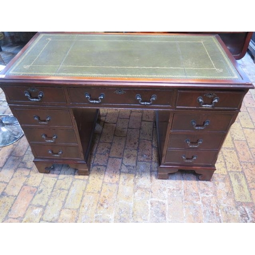 9 - A mahogany effect twin pedestal eight drawer desk with an inset top, 79cm tall x 122cm x 61cm, some ... 