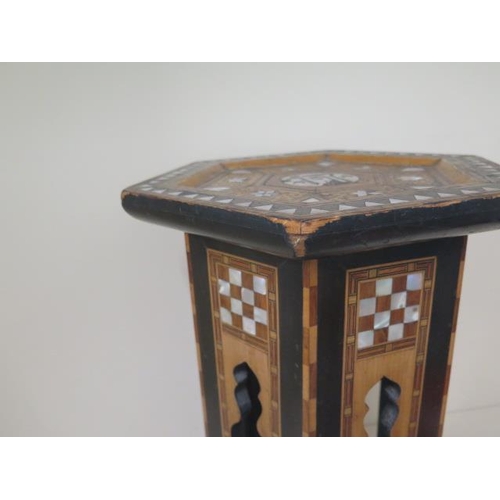 90 - A Damascus mother of pearl inlaid side table, 47cm tall x 30cm wide, in generally good condition, sm... 