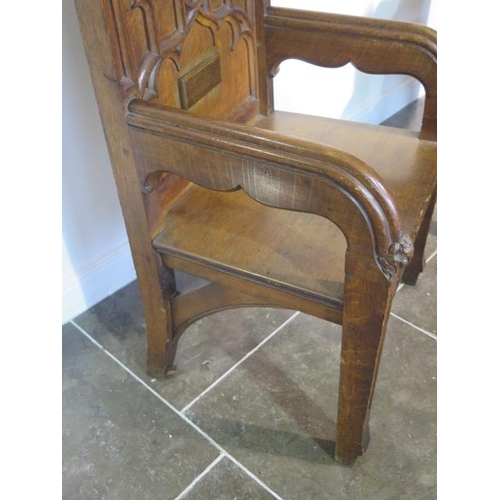 91 - A near pair of Gothic type open throne chairs, 114cm tall x 67cm x 52cm deep, both in good sturdy co... 