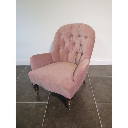 93 - A Victorian button back fireside chair, recently reupholstered, 87cm tall x 74cm wide x 75cm deep