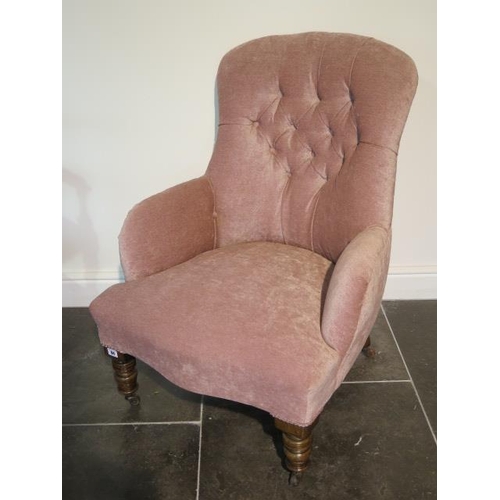 94 - A Victorian button back fireside chair recently reupholstered, 92cm tall x 65cm wide x 76cm deep