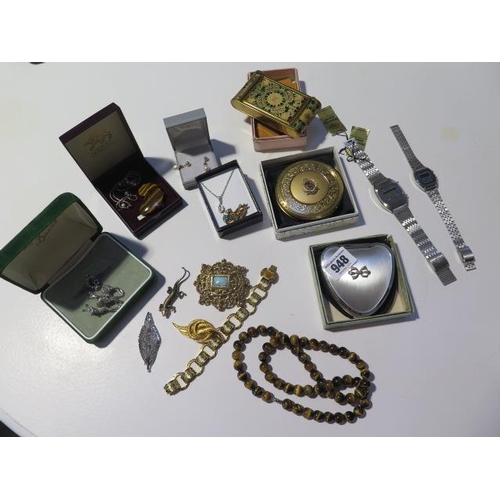 948 - Assorted costume jewellery, his and hers Casio Henderson Sinclair watches and three compacts includi... 