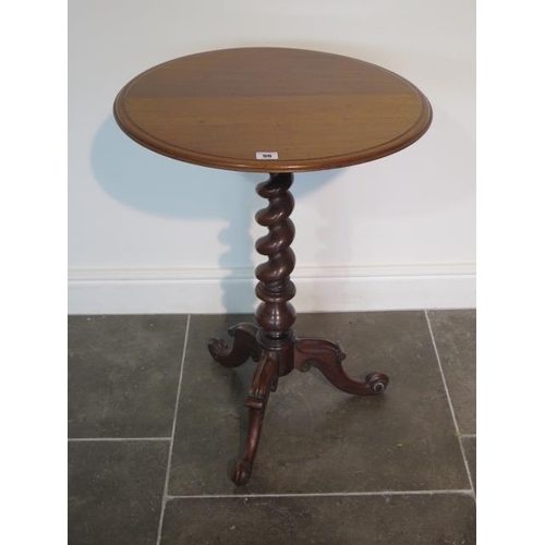 99 - A Victorian mahogany tripod table with barley twist stem over cabriole leg base and scroll foot, top... 