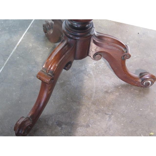 99 - A Victorian mahogany tripod table with barley twist stem over cabriole leg base and scroll foot, top... 